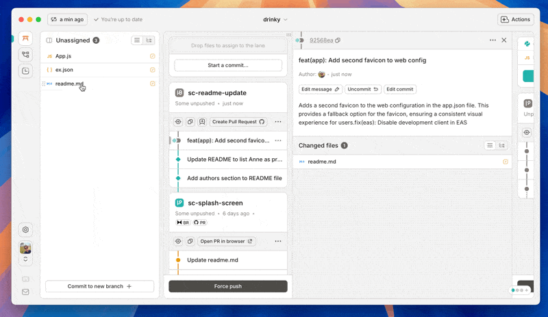 Assigning work on a file to a lane, then into an existing commit
